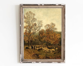 CANVAS ART PRINT | A Sheep Pasture Wall Art | Vintage Pastoral Oil Painting | Vintage Country Scene Art Print |Farmhouse Decor | Sheep Print