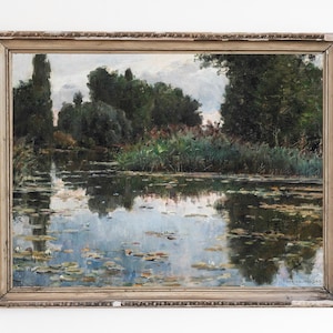 PRINTABLE ART | Vintage Water Lily Pond Oil Painting | Lily Pond Original Art | Antique Landscape Painting |  Scenic Nature Painting