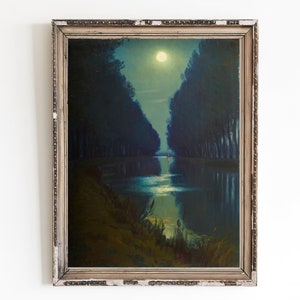 CANVAS ART PRINT | Vintage Backgrounds Night Sky with Stars and Moon Wall Art Print | Full Moon Home Decor | Night River Scenery Artwork