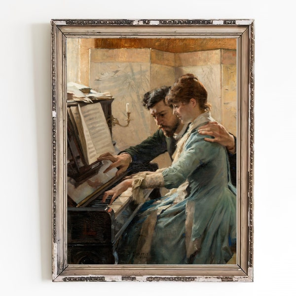 CANVAS ART PRINT | At the Piano Wall Art Print | Musical Instrument Home Decor | Woman With Teacher Playing Piano In Music Lesson Oil Art