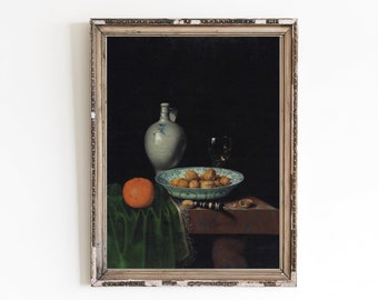 STAMPA SU TELA / Pittura a olio Still Life vintage / Natura morta con cibo da cucina / Stampa artistica con bicchiere di vino / Natura morta antica / Pittura scura