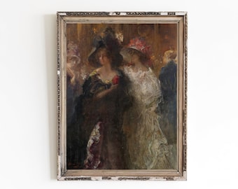 CANVAS ART PRINT | Two Elegant Ladies Wall Art Print | Old Fashion Home Decor | Female Figurative Oil Painting | Dark Artwork | Classic Art