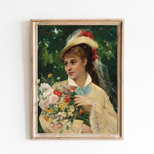印刷可能なアート | ヴィンテージ女性の肖像画 | アンティーク油絵 | 花を持つ美しい女性の絵画 | ヴィンテージフランスの肖像画