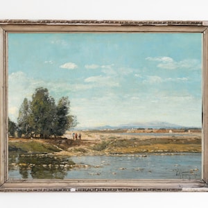 CANVAS ART PRINT | River Landscape Wall Art Print | People on the River Bank Oil Painting | Panorama of River Home Decor | Country Print