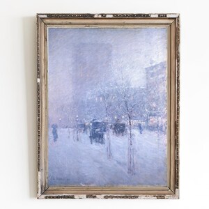 Pintura al óleo vintage de una tormenta de nieve invernal en Nueva York (descarga digital)