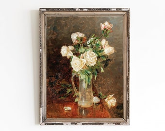IMPRESSION D'ART SUR TOILE | Un bouquet de roses dans une aiguière en verre Wall Art Print | Nature morte avec des fleurs Décoration intérieure | Peinture à l’huile florale | Œuvres de roses
