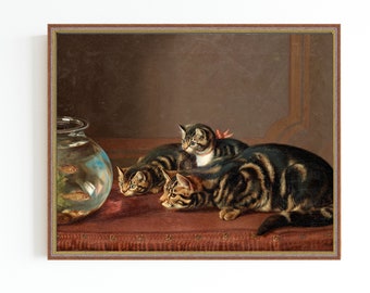 CANVAS ART PRINT | Kittens and Goldfish Oil Painting | Antique Pet Portrait | Cat Lovers Gift | Fishbowl Art Print | Koi Fish and Cats