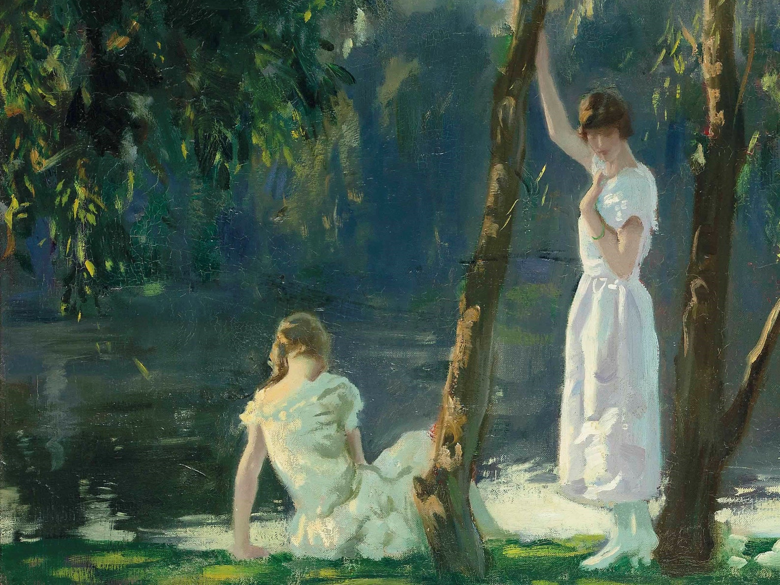 PRINTABLE ART | Girls at the Riverbank Oil Painting | Vintage River Art ...