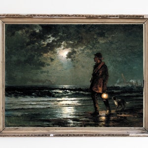 IMPRESIÓN DE ARTE DE LIENZO / Perro paseando en la playa por la noche Impresión de arte de pared / Paisaje marino por la noche Decoración del hogar / Luz de la luna sobre la orilla del mar / Arte al óleo del mar oscuro