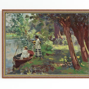 May include: A painting depicting two figures in a boat on a lake. The boat is brown and the figures are dressed in white and black. The lake is surrounded by trees and the sky is blue.