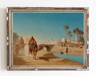 Camel Caravan Canvas Art Print | Arabian Desert Oasis Landscape