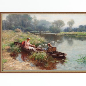 CANVAS ART PRINT | Boating on the River Oil Painting | Vintage Girls on the Boat Art Print | Riverscape Oil Painting |Vintage Ducks Painting