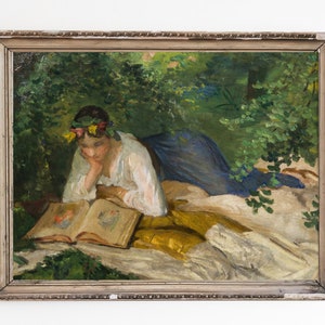 CANVAS ART PRINT | Vintage Girl Reading Wall Art | Antique Reading Oil Painting | Book Lovers Gift | Female Figurative Art | Landscape Print
