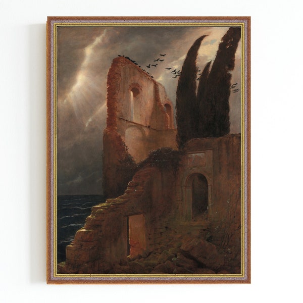CANVAS PRINT | Castle Ruins by the Sea Vintage Art | Rocky Coast Landscape Painting | Dreamlike Scenery Painting | Haunting Castle Painting