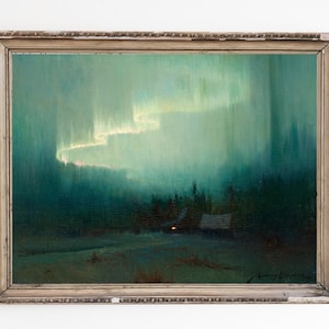 LEINWAND KUNSTDRUCK | Kleines Dorf mit Nordlicht Ölgemälde | Nordlichter am Nachthimmel Wand Kunstdruck | Aurora Borealis Art