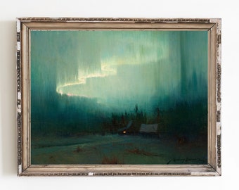 CANVAS ART PRINT | Small Village with North Light Oil Painting | Northern Lights on the Night Sky Wall Art print | Aurora Borealis Art