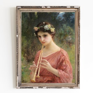 PRINTABLE ART | A Young Woman Playing Double Flute Art | Aulos Oil Painting | Musical Instrument Art Print | Antique Female Portrait