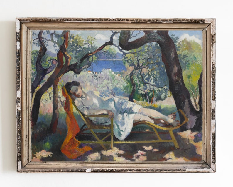 May include: A painting of a woman reclining on a chaise lounge in a lush, green garden setting. The woman is wearing a white dress and has a red scarf draped over her shoulders. The garden is filled with trees and flowers, and there is a view of a blue body of water in the distance.