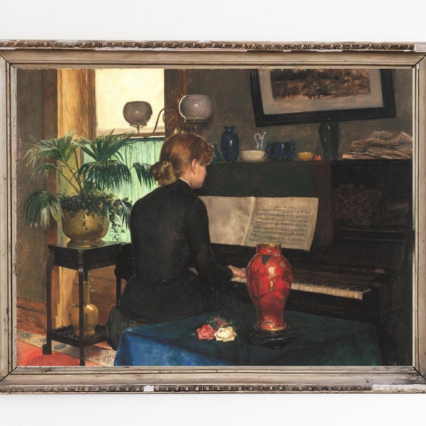 CANVAS ART PRINT | Retro Elegant Woman Play the Piano Wall Art Print | Old Vintage Room Home Decor | Classic Interior Scene Oil Painting