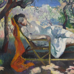 May include: A woman in a white dress lies on a chaise lounge in a garden setting. She is asleep with a red scarf draped over her. The background features trees and a blue sky.
