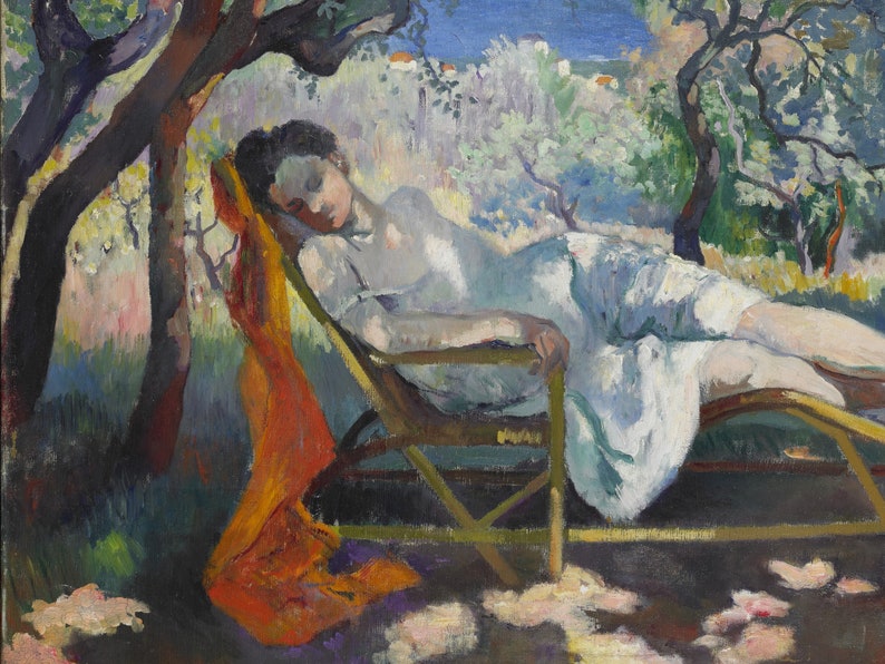 May include: A woman in a white dress lies on a chaise lounge in a garden setting. She is asleep with a red scarf draped over her. The background features trees and a blue sky.