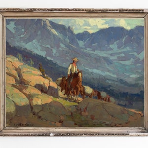 GEROLLTE LEINWAND | Vintage Western Wand Kunstdruck | Cowboy und Pferd Wohndekor | Wild West Landschaft Ölgemälde | Amerikanische West Art