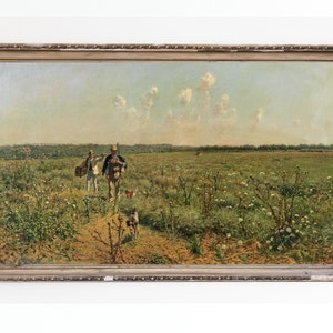 CANVAS KUNSTPRINT | Vintage jacht kunst aan de muur | Kwarteljacht met wijzende honden Print | Antiek landschapsolieverfschilderij | Boerderij decor