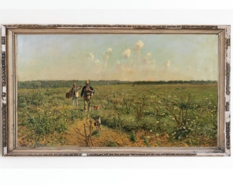 CANVAS ART PRINT | Vintage Hunting Wall Art  | Quail Hunting with Pointing Dogs Print | Antique Landscape Oil Painting | Farmhouse Decor