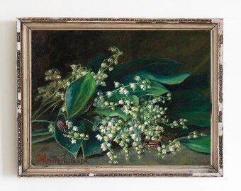 CANVAS ART PRINT | Vintage Lilies of the Valley Wall Art Print |  Floral Spring Background Home Decor | Bouquet of Snowdrops Oil Painting