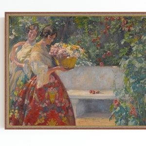 CANVAS ART PRINT | Woman in Flower Dress Vintage Painting | Roses in the Garden Art Print | Spanish Woman Portrait Painting