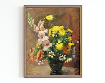 CANVAS ART PRINT | Vintage Still Life with Flowers Oil Painting | Antique Floral Artwork | Flowers in a Vase Wall Art | Colorful Bouquet