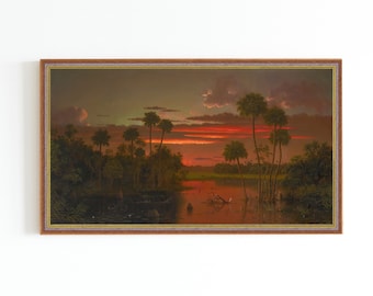 STAMPA SU TELA / Dipinto di paesaggio della Florida / Stampa artistica di tramonto vintage / Opera d'arte di palude della Florida / Dipinto di paesaggio di palme vintage