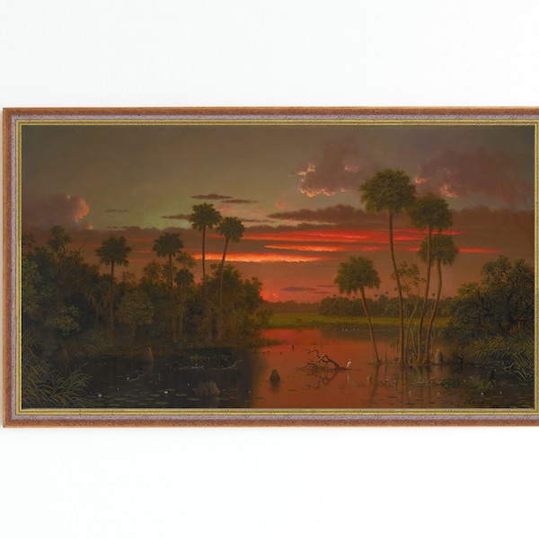 CANVAS ART PRINT | Florida Landscape Painting | Vintage Sunset Art Print | Florida Swamp Artwork | Vintage Palm Trees Scenery Painting