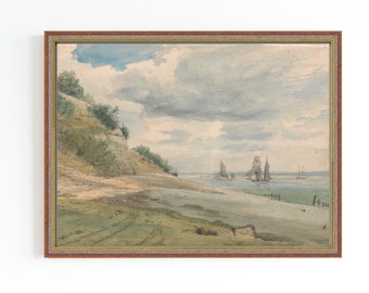 CANVAS ART PRINT | Vintage Seascape Watercolor Painting |Sea Scenery Art | Sailboat Decor