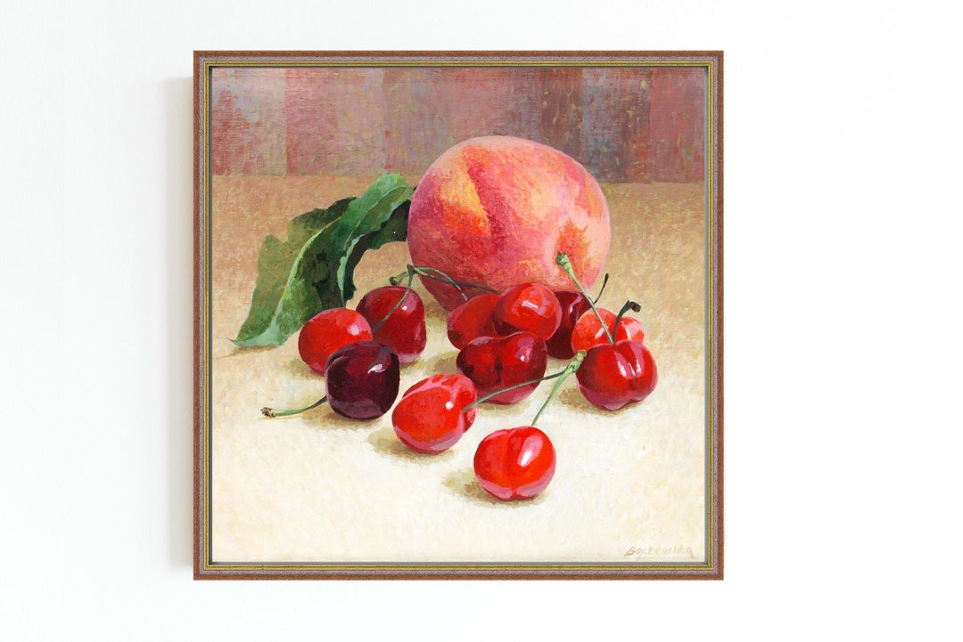 Cherries and Peach Still Life Canvas Art Print | Kitchen Wall Decor - Etsy