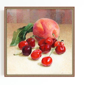 STAMPA ARTISTICA SU TELA / Stampa artistica da parete con natura morta di ciliegie e pesche / Decorazione per la casa con frutta / Dipinto a olio classico con natura morta / Arte murale per la cucina