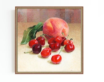 STAMPA SU TELA / Natura morta con ciliegie e pesche Stampa artistica da parete / Decorazione per la casa con frutta / Pittura a olio classica natura morta / Arte da parete per cucina