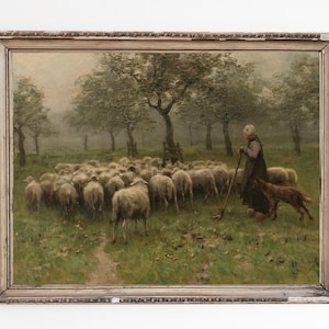 CANVAS ART PRINT | Shepherdess Tending her Sheep Wall Art Print | Women Among a Group of Sheep Oil Painting | Farm Animals Home Decor