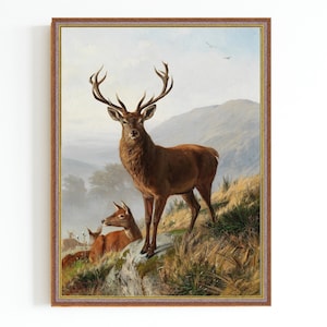 CANVAS ART PRINT  | Vintage Stag Portrait Painting | Antique Animal Wall Art | Wildlife Home Decor | Deer Wall Art | Stag and Does Painting