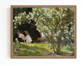 CANVAS ART PRINT | Woman Reading in the Garden Oil Painting | Vintage Rose Bush Art Print | Woman and Dog Resting in the Garden Artwork