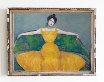 CANVAS ART PRINT | Vintage Elegant Woman in Yellow Dress Wall Art Print | Woman in the Sofa Home Decor | Interior Scene Oil Painting