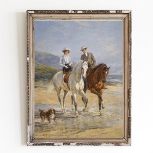 CANVAS ART PRINT | A Couple Horseback Riding Wall Art Print | Field and Mountains Home Decor | Wilderness Oil Painting | Dog Painting