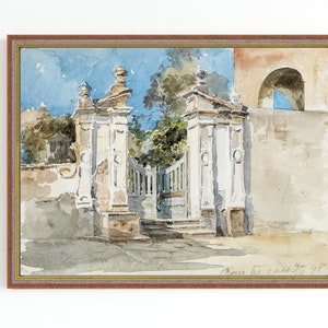 CANVAS ART PRINT | A Wall and a Gate Watercolor Painting | Vintage Stone Gate Art Print | Antique Architecture Wall Art | Old Facade Artwork