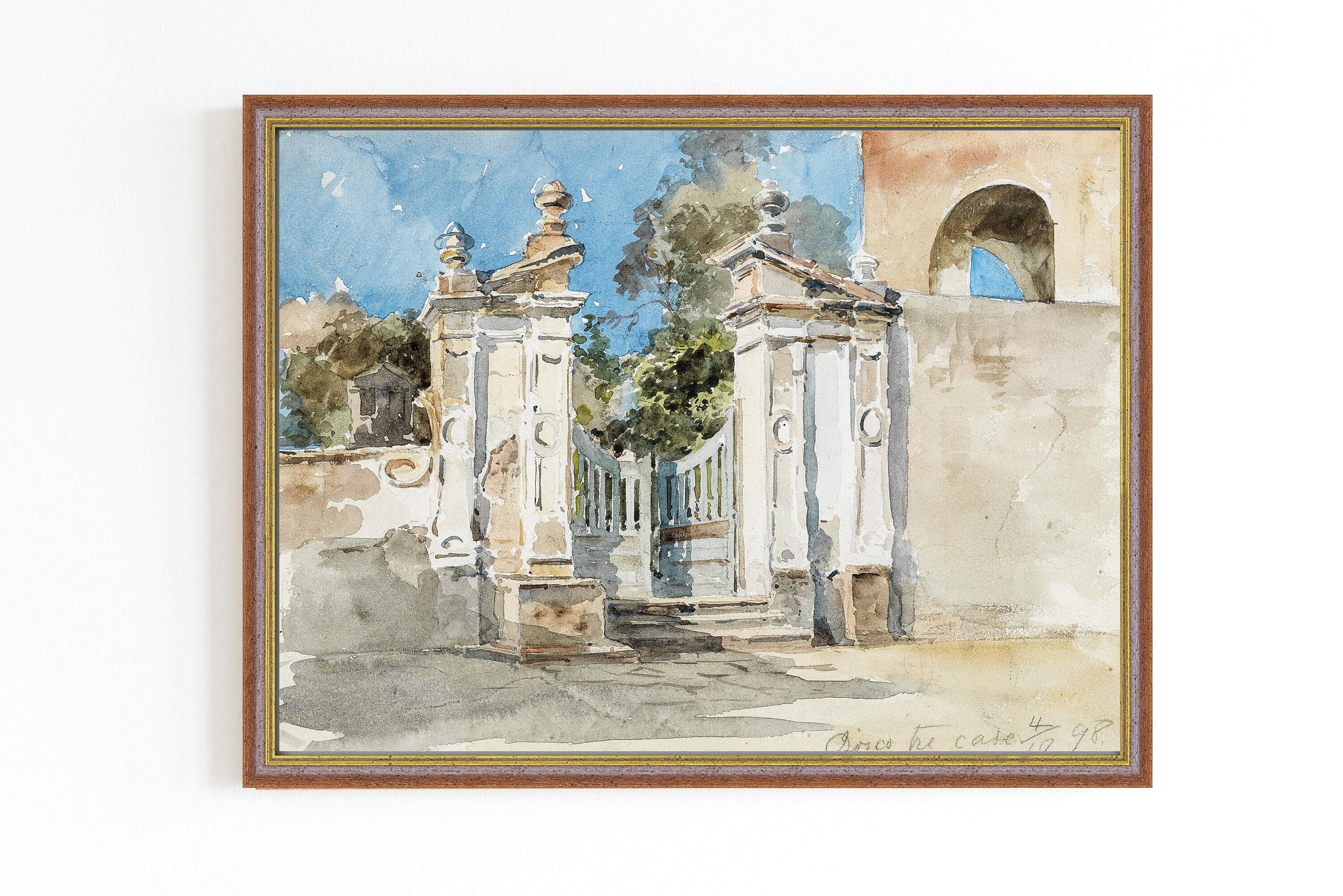 CANVAS ART PRINT | A Wall and a Gate Watercolor Painting | Vintage Stone Gate Art Print | Antique Architecture Wall Art | Old Facade Artwork