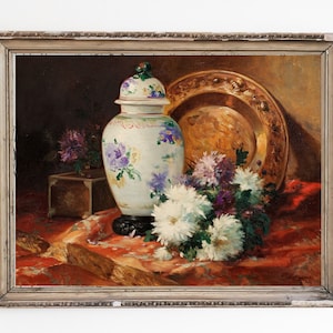 PRINTABLE ART | Vintage Still Life Oil Painting | Still Life with Vase and Flowers | Dahlias Antique Painting | Kitchen Decor | Dining Room