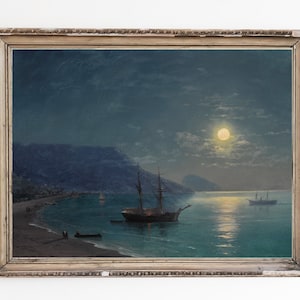 CANVAS ART PRINT | Fishing Boats Wall Art Print | Blue Hour Scenery with Dramatic Clouds Home Decor | Calm Sea Oil Painting | Night Seascape