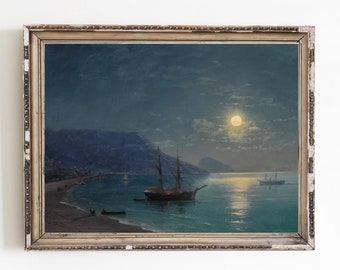 Night Seascape Canvas Art Print | Fishing Boats, Dramatic Clouds