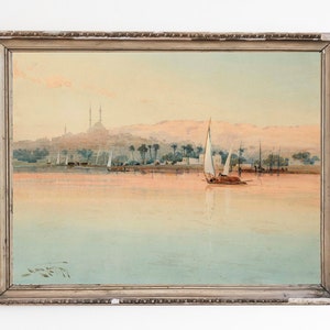 LEINWAND KUNSTDRUCK | Sonnenuntergang am Nil Gemälde | Nil Segelboot Vintage Gemälde | Ägypten Aquarell Kunst | Across the Nile River Art