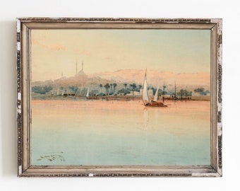 LEINWAND KUNSTDRUCK | Sonnenuntergang am Nil Gemälde | Nil Segelboot Vintage Gemälde | Ägypten Aquarell Kunst | Across the Nile River Art
