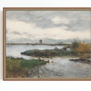 CANVAS ART PRINT | Cows in a Polder Landscape Oil Painting | Dutch Landscape | Dutch Countryside Art Print | Windmill Oil Painting